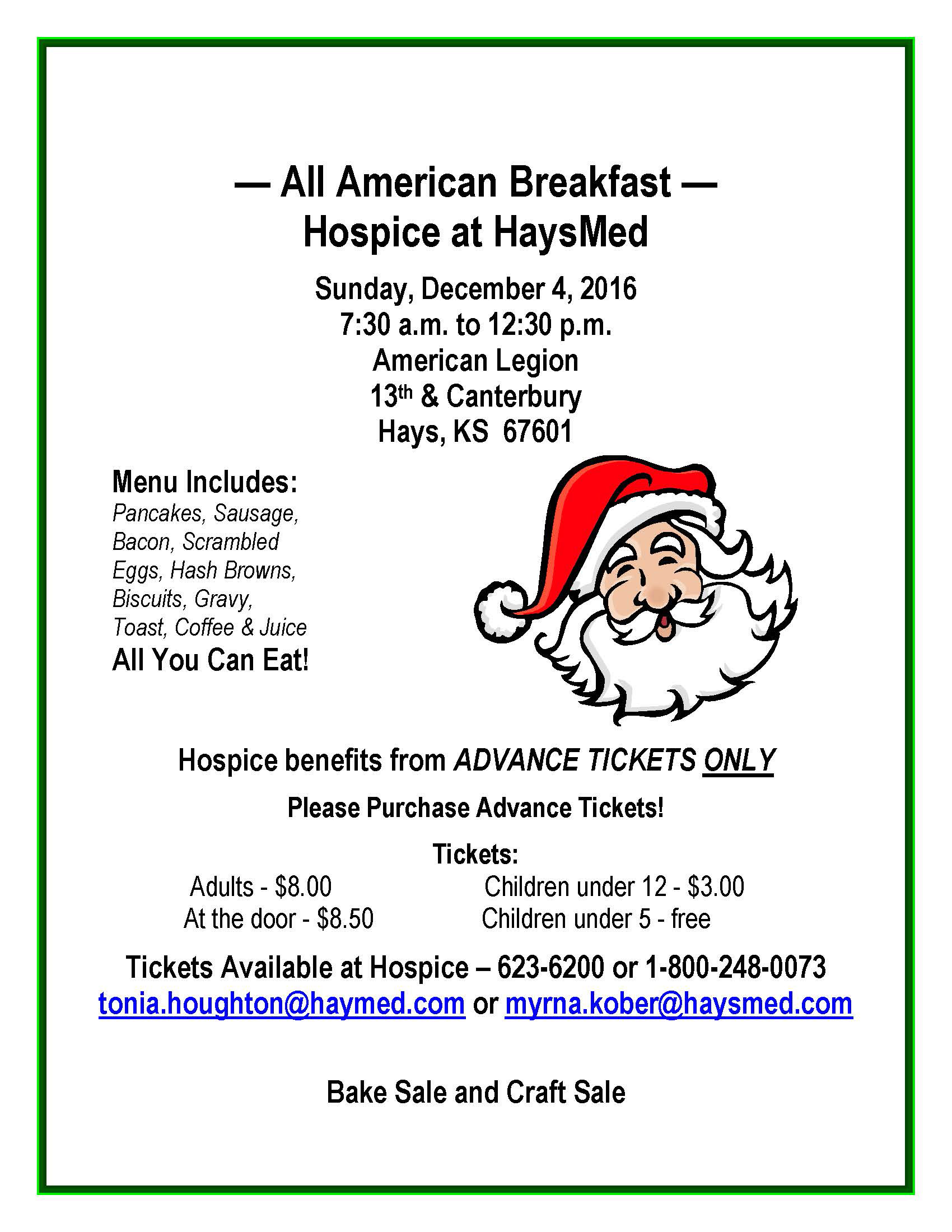 Advance tickets for All American Breakfast to benefit HaysMed Hospice